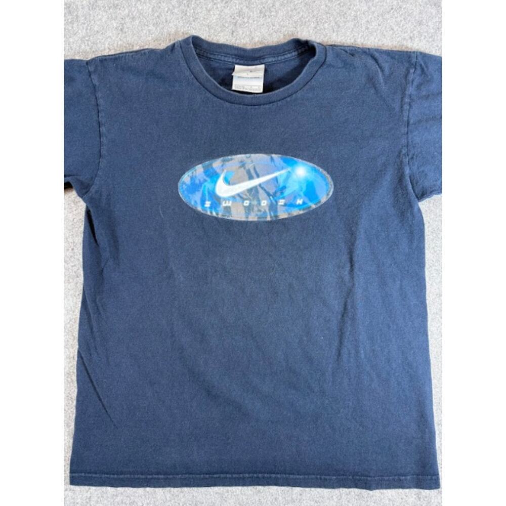VTG Nike Center Swoosh Graphic Shirt Youth Large Navy Oval Logo Streetwear Y2K